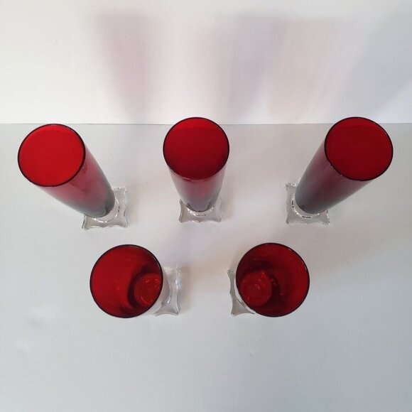 Vintage MCM Seneca Slim Jim 903 Ruby Red Footed Pilsner Beverage Glass Vase Set - Picture 10 of 13